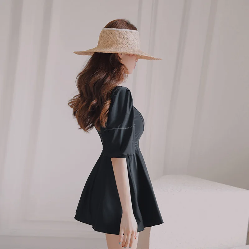 Консервативная юбка купальник женский скрывающий живот тонкая маленькая черная