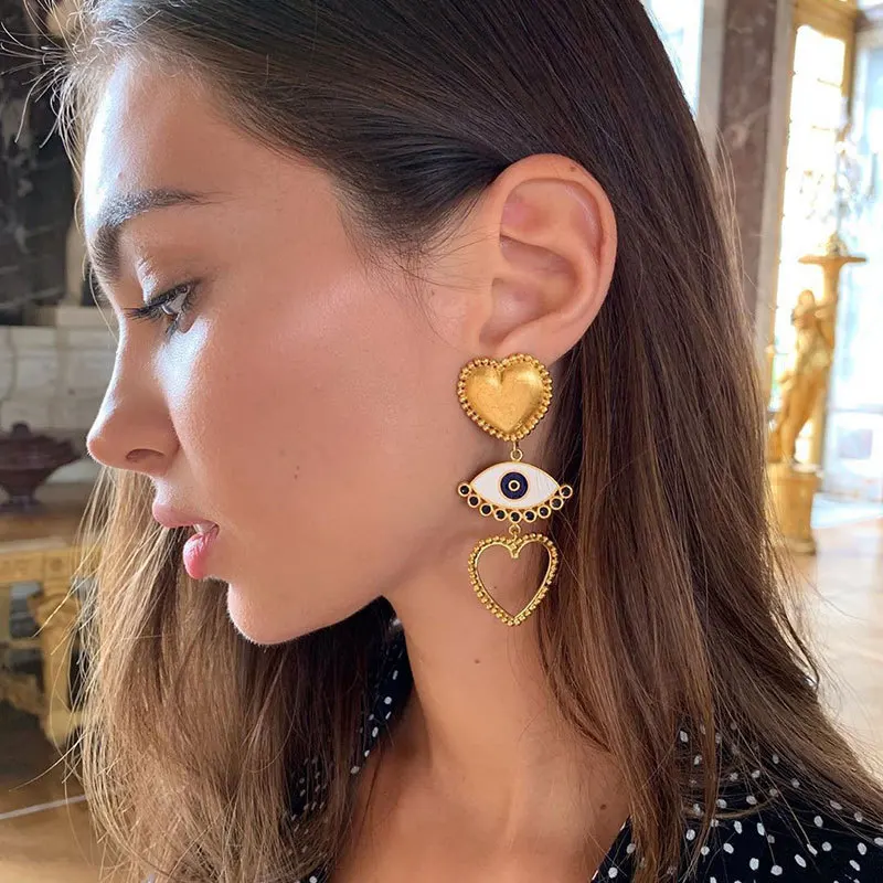 

2019 Summer Design Gold Silver Color Joint Heart Evil Eye Dangle Earrings For Women Lady's Elegant Long Drop Earring For Party