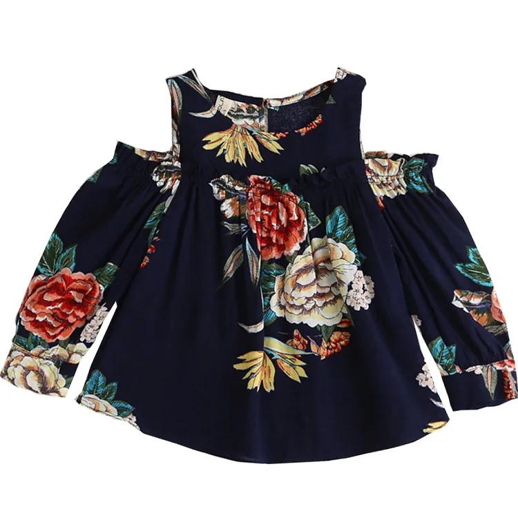 

Autumn 2021 New Girls' Floral Print Off Shoulder Girl's Shirt With Ear Edge Dress