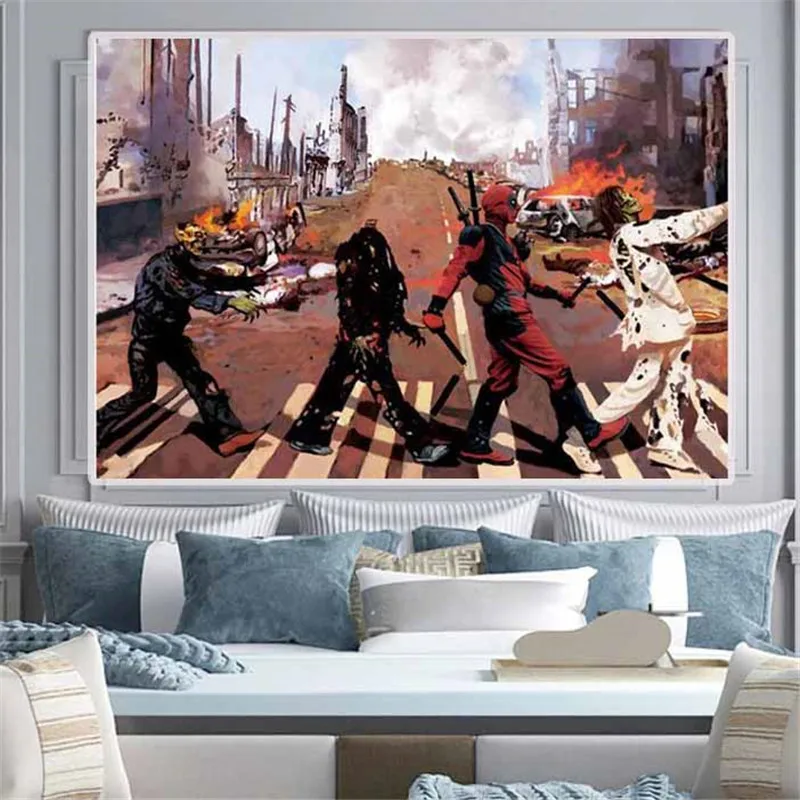 

Funny cross the road Deadpool Posters Movie Superhero Anime Canvas Painting Prints Wall Art Decoration Kids Gifts Cuadros