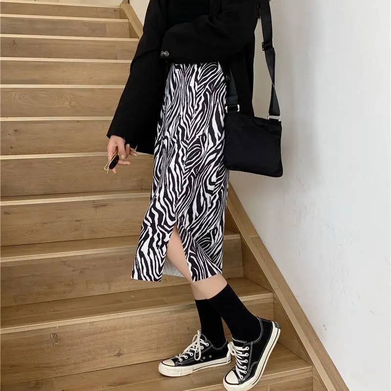 

Skirts Women Zebra Pattern Split Design Spring Leisure All-match Cozy Striped Students Feminine Ulzzang Mujer Chic Sexy Vintage