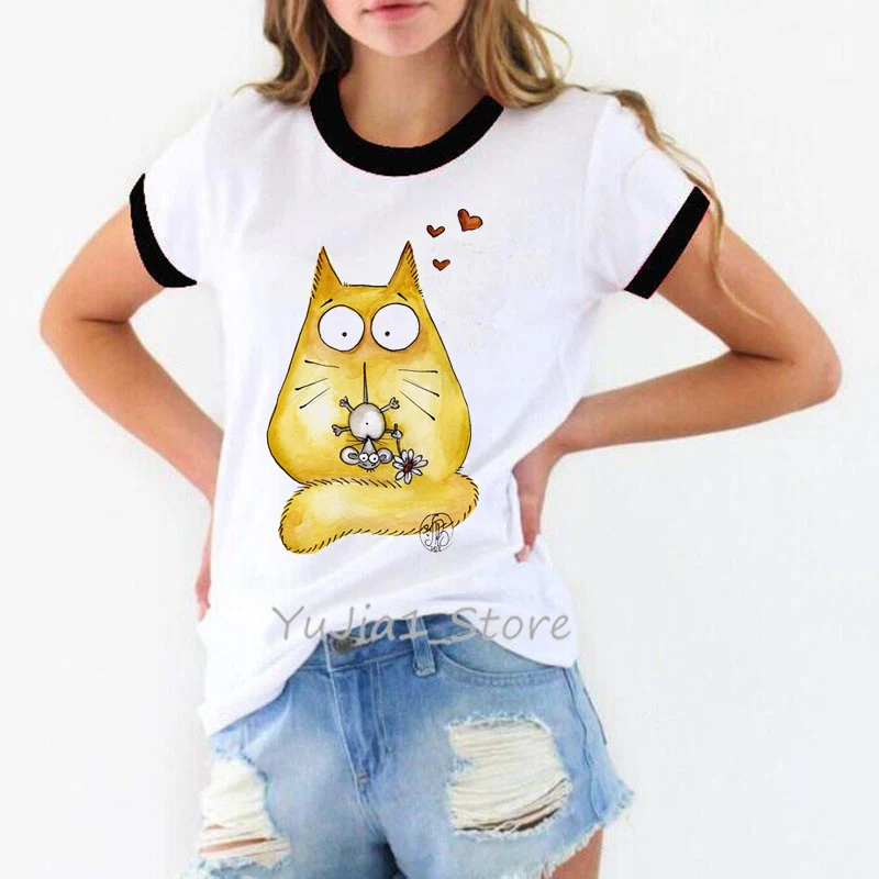 Милая футболка с принтом кошки и мышки женские Забавные футболки harajuku kawaii