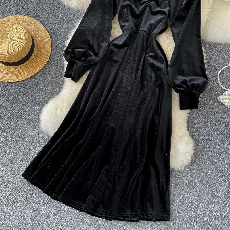 

Autumn Winter Black Velvet Party Dress Women Elegant Round Neck Lantern Long Sleeve Mesh Patchwork Midi Vestidos Female Fashion