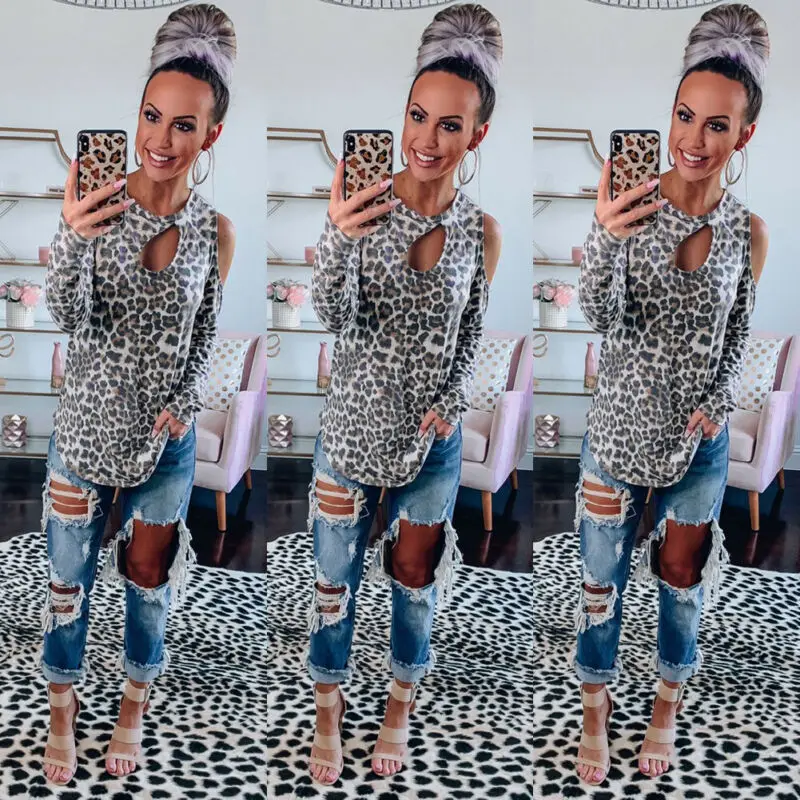 

Women Hollow Long Sleeve Leopard Tops Pullover T-shirt Casual Loose Tops