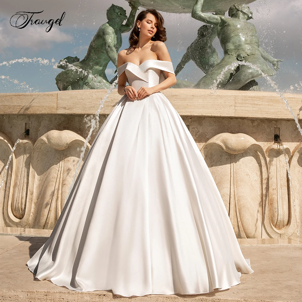 

Traugel Sweetheart A Line Lace Wedding Dresses Applique Off The Shoulder Backless Bride Dress Court Train Bridal Gown