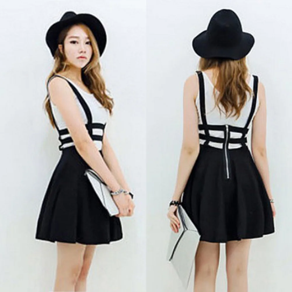 

Out Back Zipper Fashion Bandage Suspender Dress Women Girl Ruffles Pleated Short Braces Mini Dress