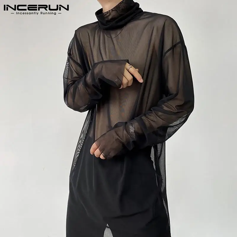 INCERUN-Camiseta de cuello alto de malla transparente para hombre, ropa interior de manga larga, Sexy, para fiesta, club nocturno, 2022
