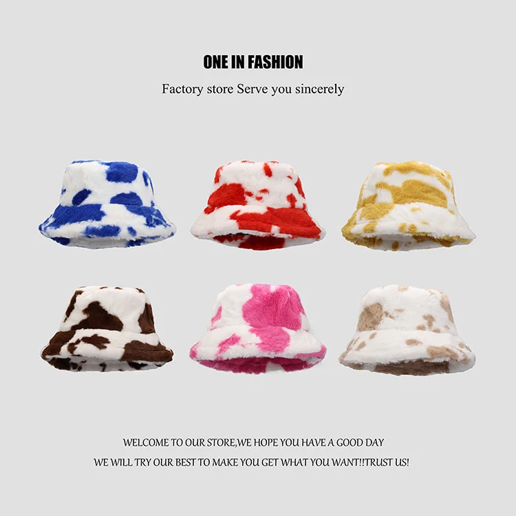 

New Winter Cow Print Plush Bucket Hats For Women Tourism Outdoor Warm Hat Soft Velvet Fisherman Cap Lady Fashion Panama Present