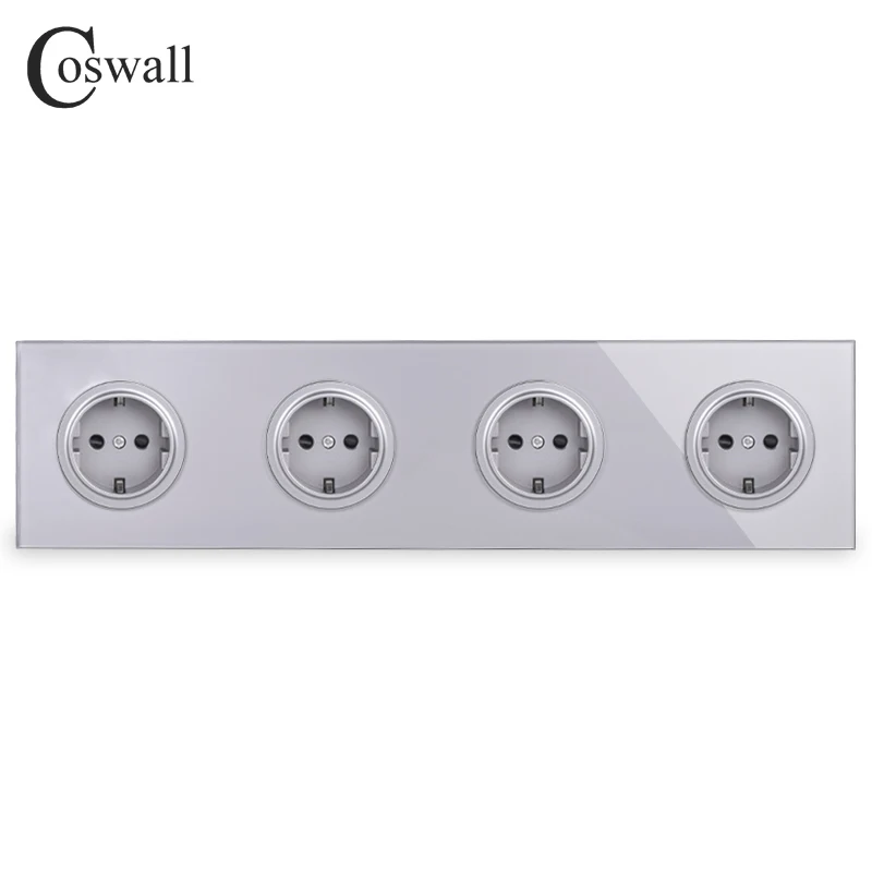 Grey Coswall Gray Grey Crystal Tempered Glass Panel 4 Gang EU Standard Wall Socket Grounded With Child Protective Lock R11 Series - Тип: Grey