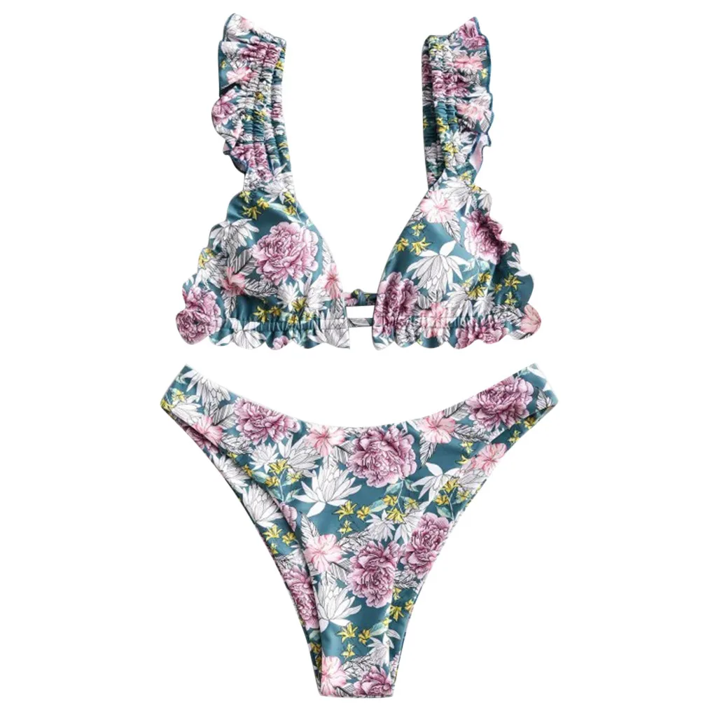 Женский бюстгальтер с пуш-ап и цветочным принтом комплект бикини оборками
