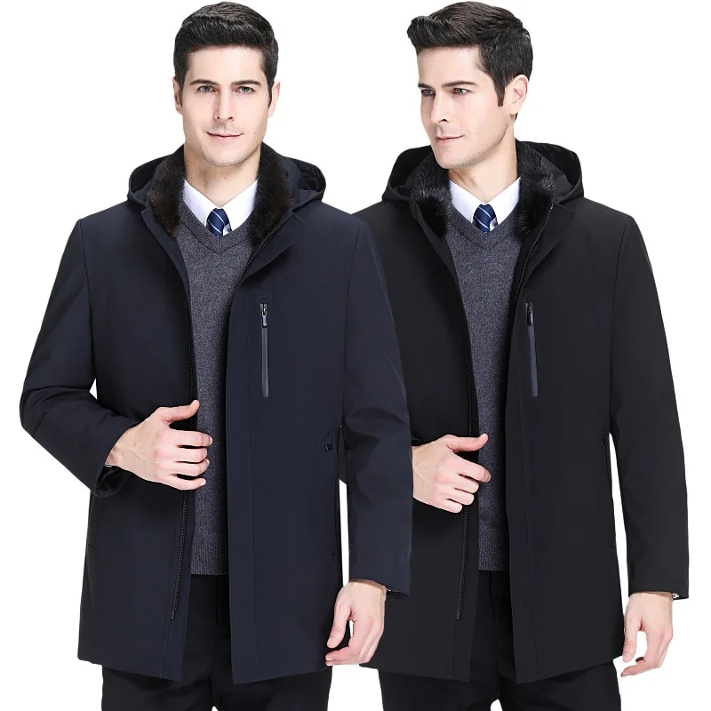 

people's old down jacket men's thickened medium length living face mink fur collar white duck down father's winter coat