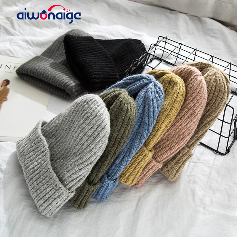 Однотонная женская зимняя вязаная шапка 2019 Мужская и Женская осенне шерстяная