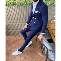 navy sunshine men suits double breasted 2 pieces blazerpants peaked collar slim fit suits for wedding dinner party tuxedos