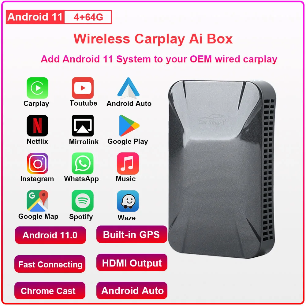 

Android 11 Беспроводной Carplay Ai Box для Apple Carplay Applepie 4 + 64 Гб Plug Play Youtube Netflix для VW Toyota Benz Audi Nissa Kia