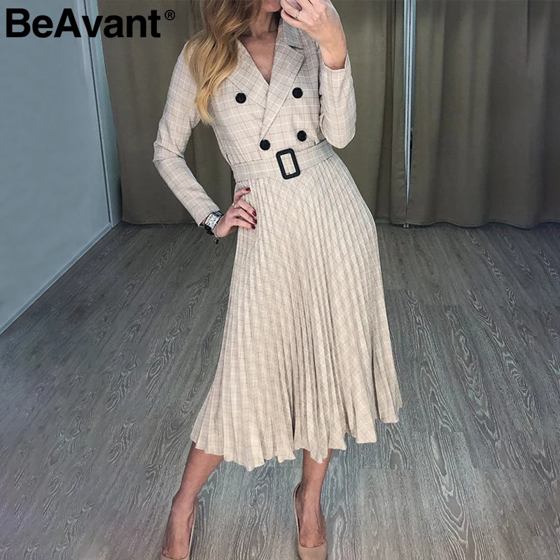 

BeAvant V-neck plaid blazer dress women Long sleeve elegant pleated dresses office ladies belt 2019 Autumn winter vestidos robe
