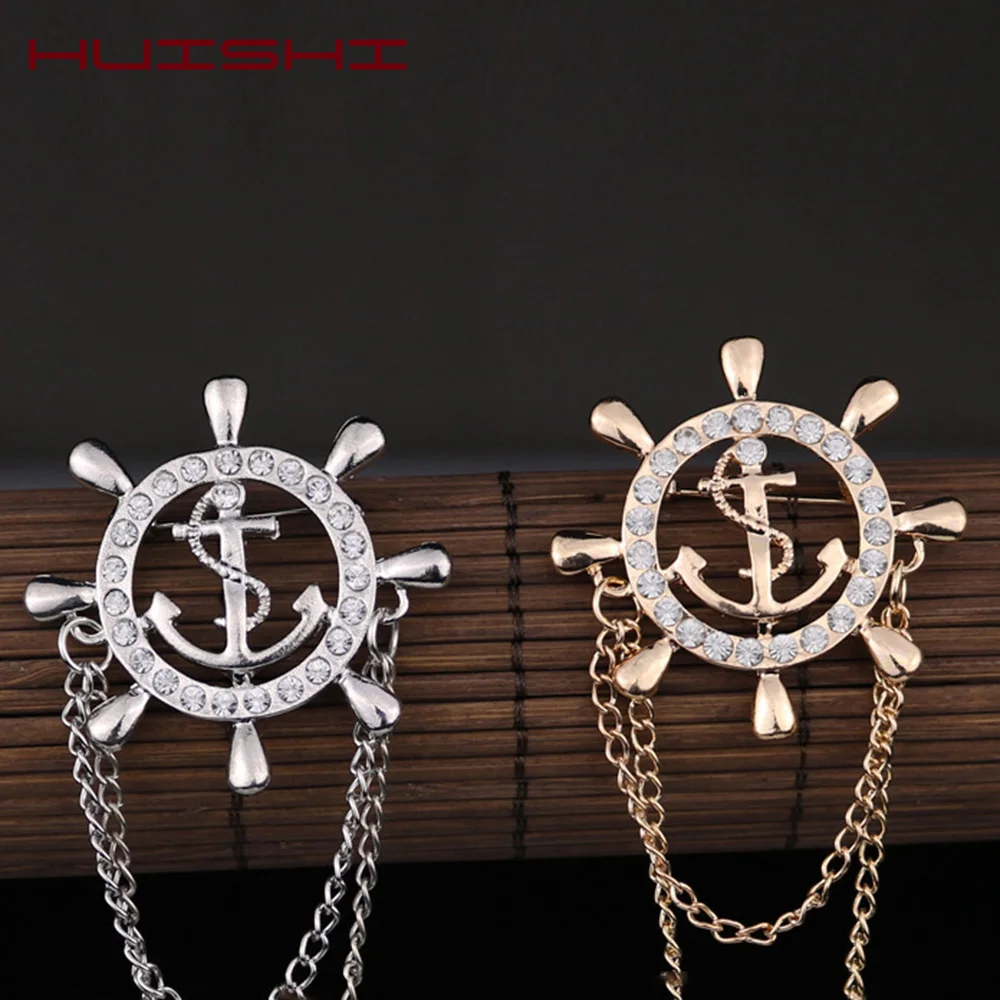 HUISHI Crystal Brooch Golden Ship's Anchor Rudder Brooches For Mens Suit Badge Lapel Pin Men Women Chain Christmas Gift | Украшения и