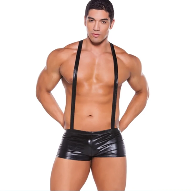 

Sexy patent leather men's patent leather suspenders leather pants sexy men's boxer shorts nightclub stage ds costumes