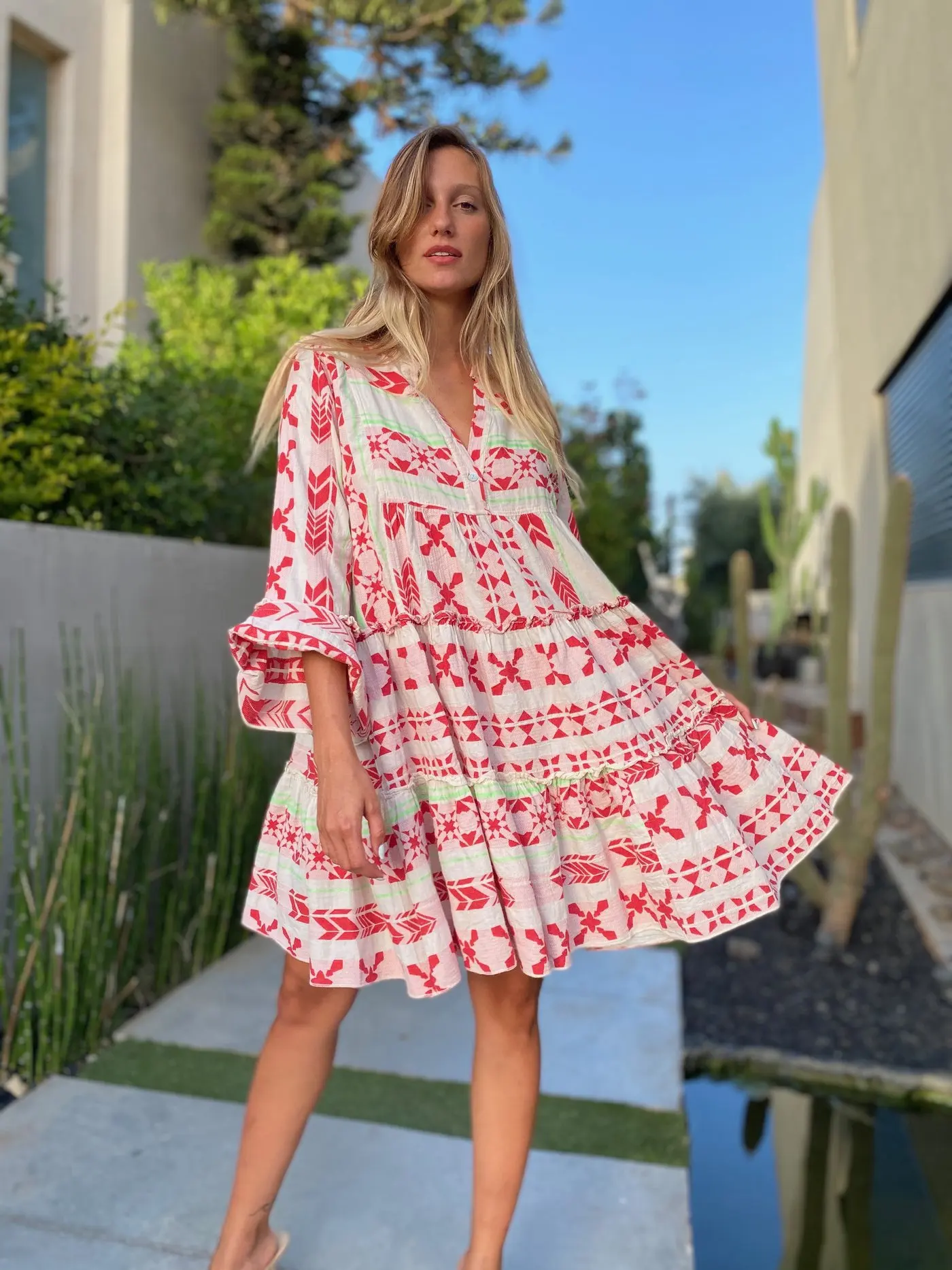 

Printing Summer Flare Long Sleeve Dress Women Elegant Ruffle V Neck Striped Bohemain Beach Mini Dresses Femme Loose A-Line Dress