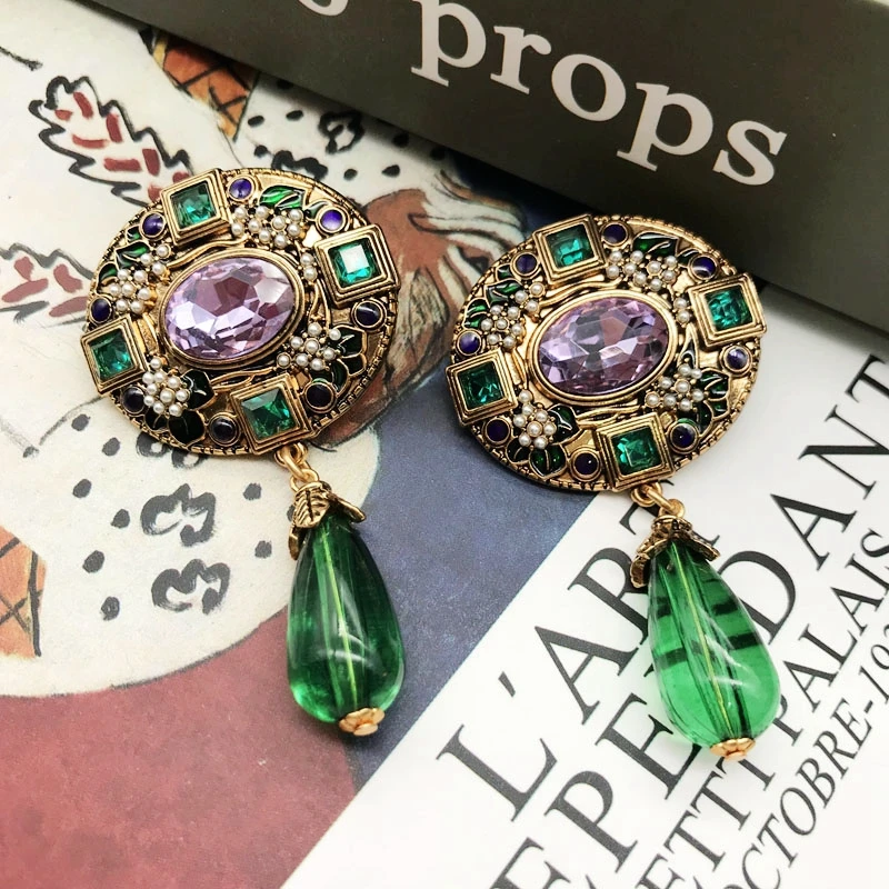 

Ethnic Stud Earrings Exaggerate Statement Green Teardrop Pendant Piercing Jewelry Vintage Accessories