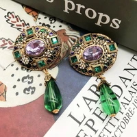 ethnic stud earrings exaggerate statement green teardrop pendant piercing jewelry vintage accessories