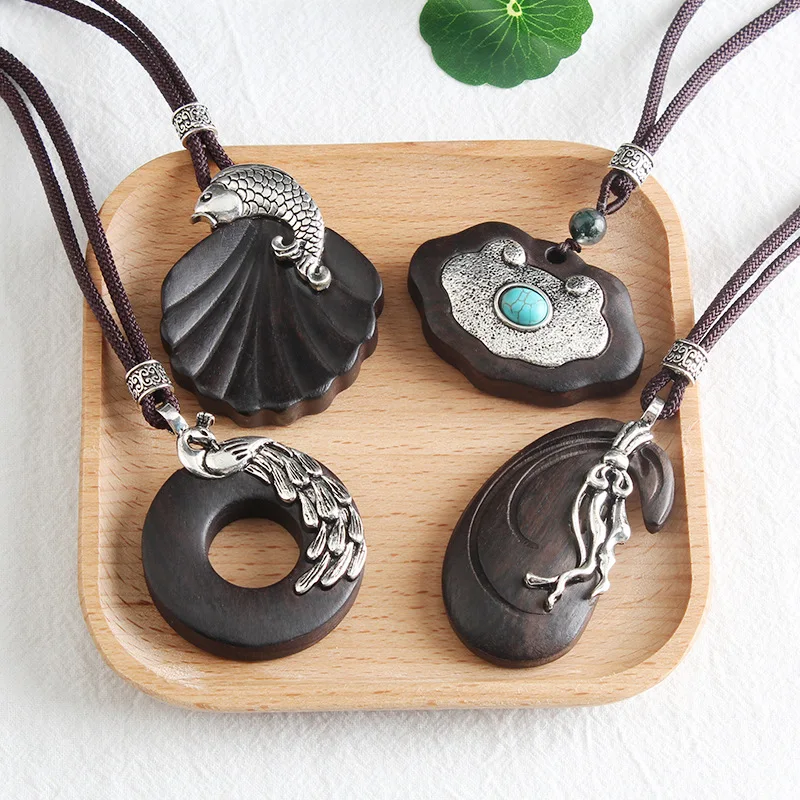Retro Ethnic Ebony Pendant Long Necklaces for Women Lotus Natural Stone Peacock Abacus Carp Peony Fish Tulip Sweater Chain Gifts | Украшения