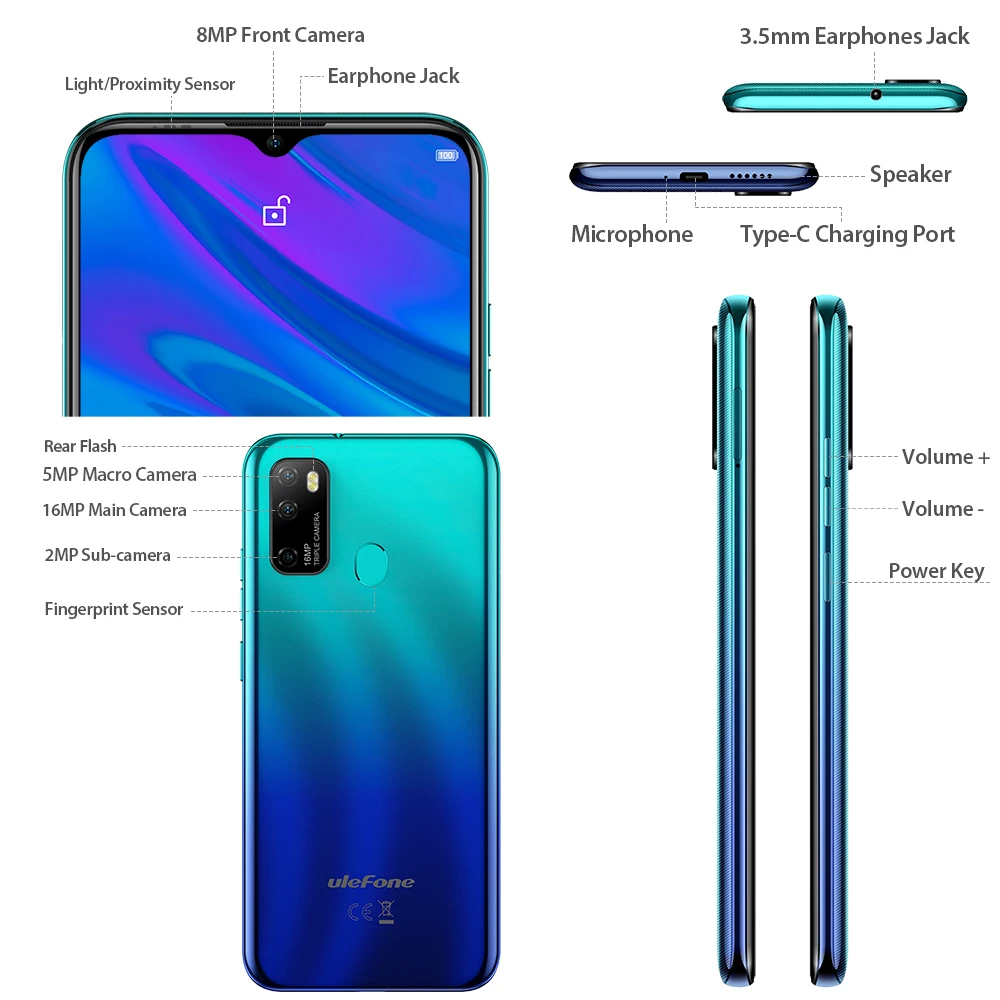 Ulefone Note 9P Smartphone Octa Core 4GB+64GB Android 10 Waterdrop Screen 6.52-inch 16MP Triple Camera OTG Face ID Mobile phone