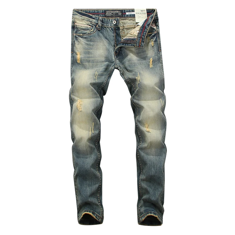 

Italian Style Fashion Men Jeans Retro Yellow Blue Slim Fit Ripped Jeans For Men Distressed Vintage Designer Cotton Denim Pants