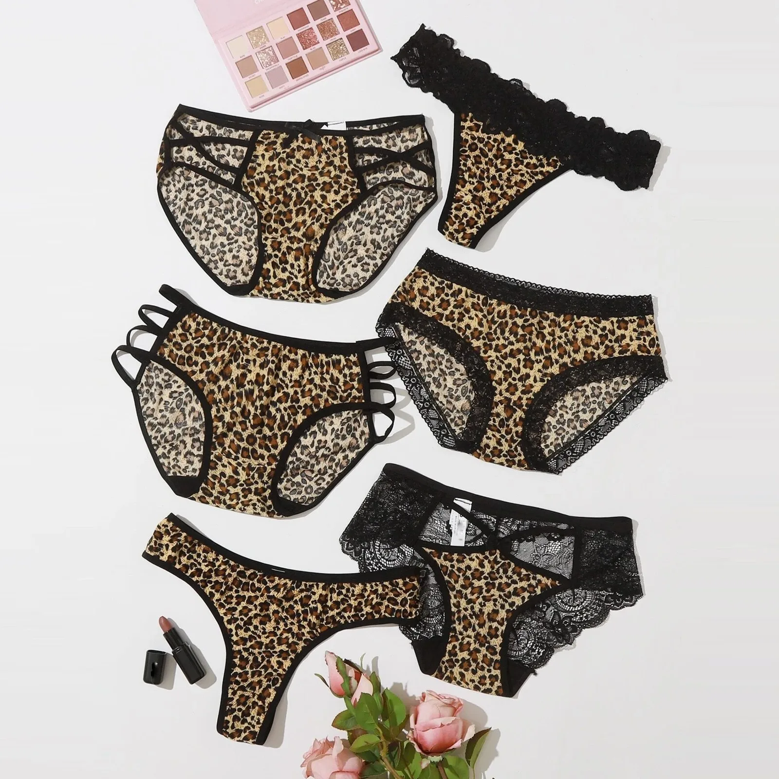 

6Pcs/lot Leopard Print Panties For Ladies Sexy Lace Women's Underwear Middle Low Waist Women's Sexy Lace Leopard Lingerie Briefs