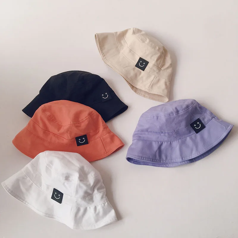 

Korean Children's Fisherman Hat Fashion Smiling Face Pure Color Kids Sunshade Basin Caps Boy Girl Panama Beach Bucket Cap