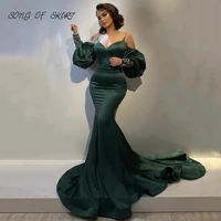 dark green african evening dresses strap beaded satin mermaid prom gown long sleeves arabic formal party robe de soir%c3%a9e femme