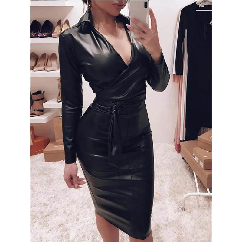 

PU Dress Sexy Deep V-Neck Long Sleeve Empire Black Skinny Bodycon Midi Dresses Night Clubwear Fashion European Female Clothes
