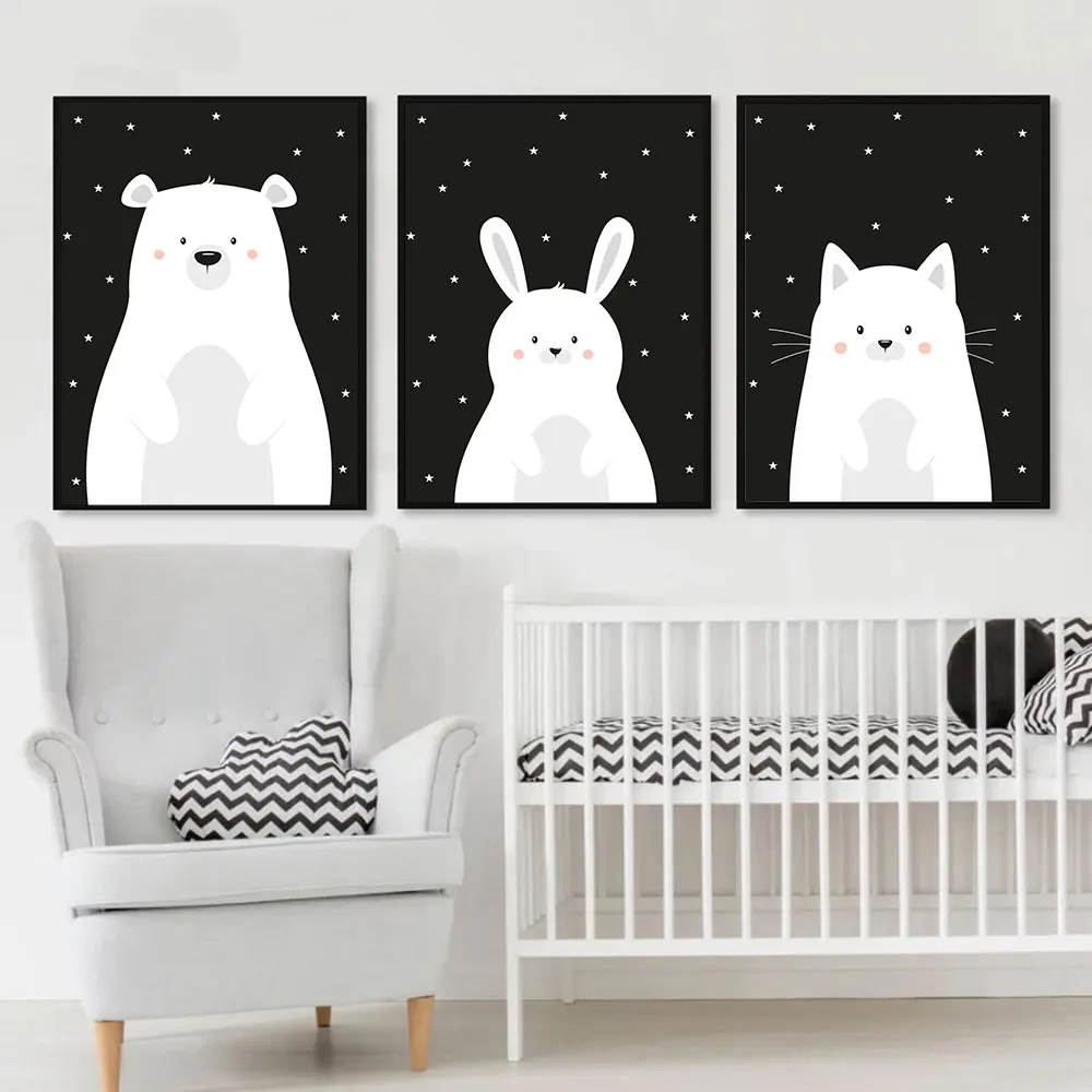 Черно-белый милый мультяшный Медведь Кролик котенок детская комната настенное