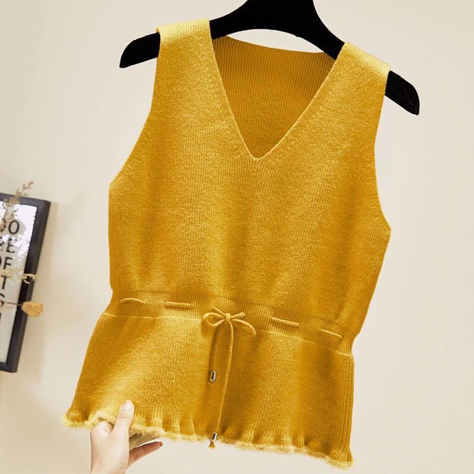 

Осень-зима 2021, вязаный жилет, трендовый жилет с закрывающей талией, женская одежда, Свободный корейский пуловер с V-образным вырезом для девушек и студенток, желтый