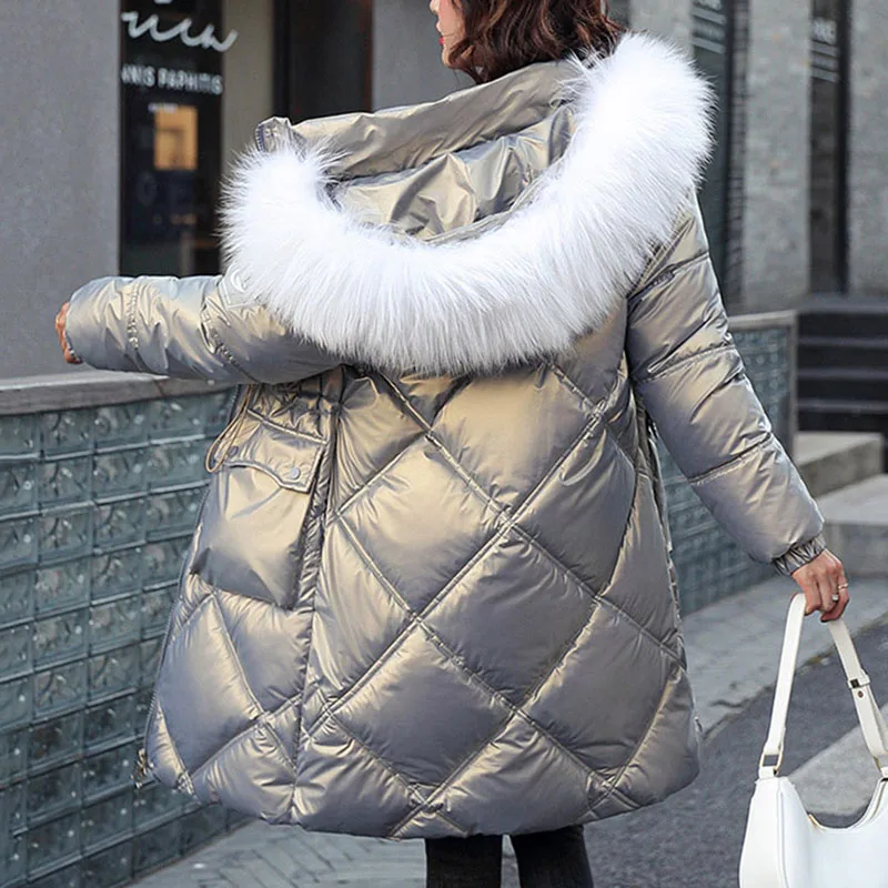 Thick Fur Collar Parkas Women Coat 2021 New Fashion Winter Warm Hooded Down Cotton Casual Glossy Womens Jacket NBH340 | Женская одежда