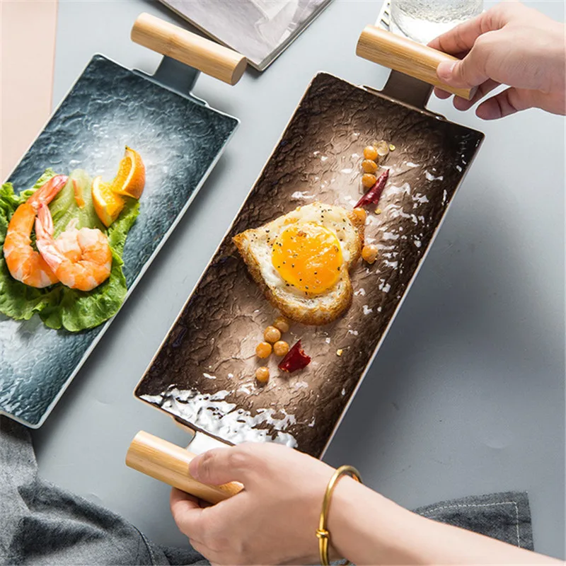 Японская керамическая прямоугольная тарелка для суши с деревянной ручкой
