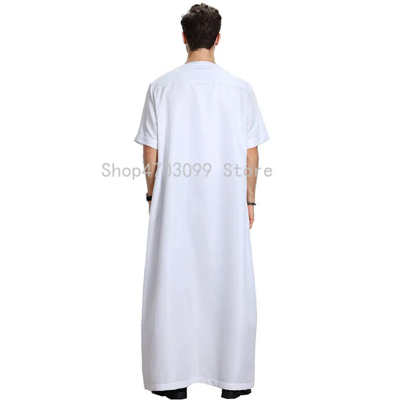 Arabic Abaya Muslim Dubai Kaftan Short Sleeve Adult Pakistan Men Solid O Neck White Gray Clothing Saudi Arab Male
