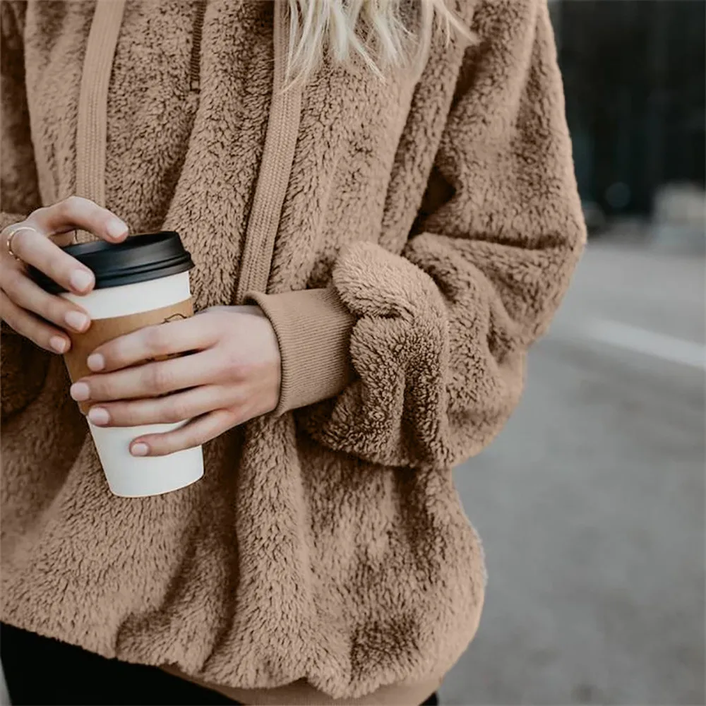Warm Wool Coat Women Hooded Sweatshirt Winter Zipper Pockets Cotton Outwear Plush Casual Long Sleeve Hoodies sudaderas | Женская одежда