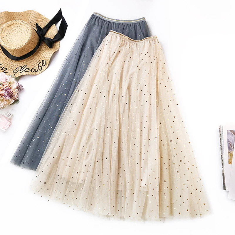 

2020 New autumn Tulle Skirts Womens Fashion Shining Star Mesh Tutu Skirt Pleated Long Skirts Midi Skirt Saias Faldas Jupe Femme