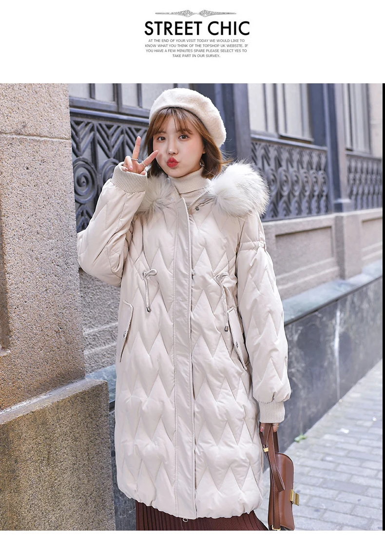 ASLTW зимняя куртка для женщин длинный рукав сплошной Argyle женский парк с меховым капюшоном парка длинное теплое хлопковое пальто для женщин