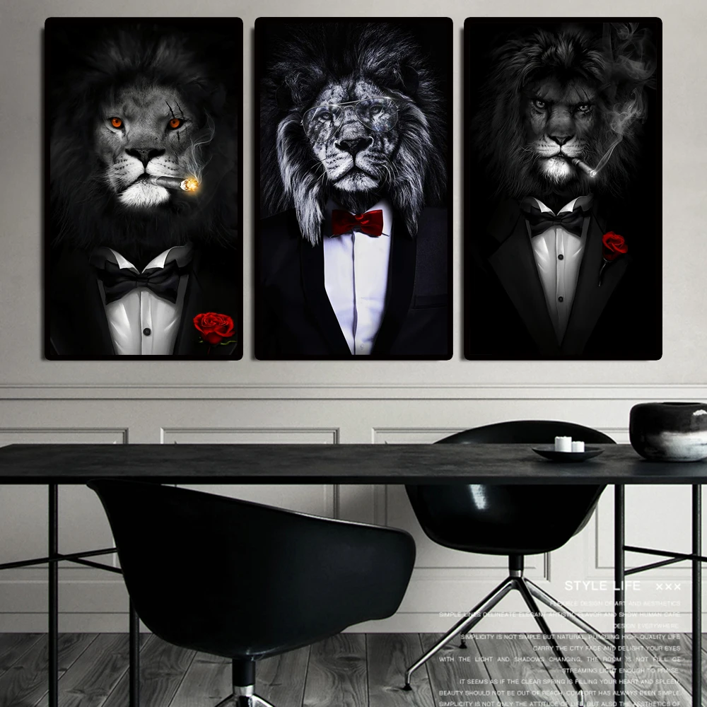 

Black Wild Lion in a Suit Canvas Art Posters And Prints Abstract Lion Smoking a Cigar Canvas Paintings Wall Art Pictures