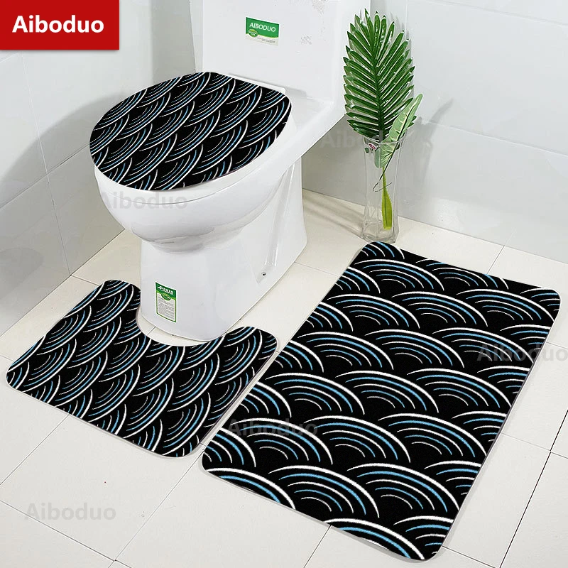 

Aiboduo 3pcs/Set NonSlip Ukiyo-e Giant Waves Home Decoration Black Bathroom Pad Toilet Lid Cover Set BathMat Rug Carpet