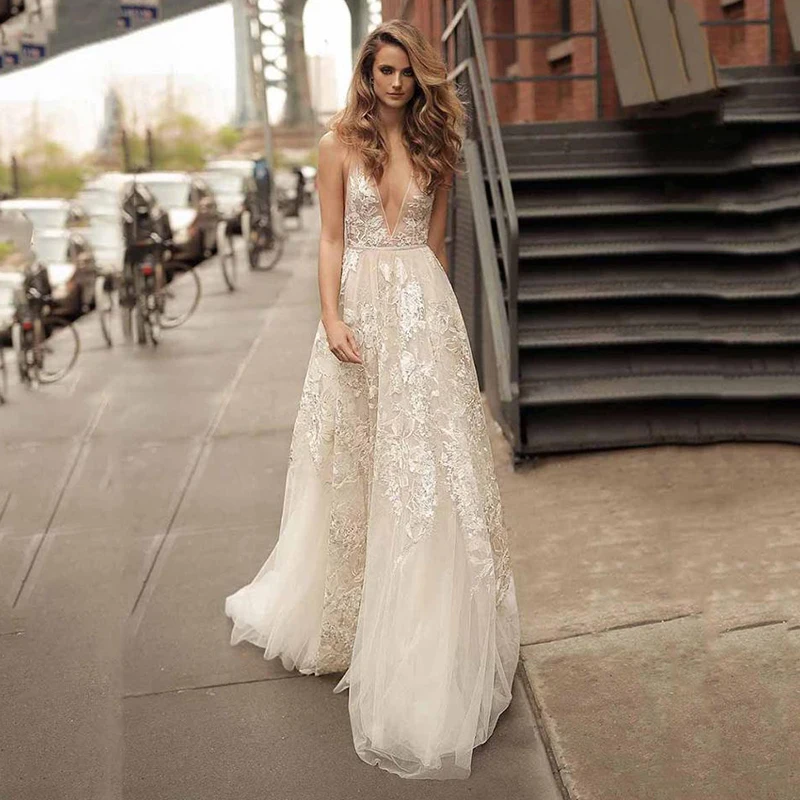 Пляжные свадебные платья 2020 сексуальные кружевные аппликации А линия открытая