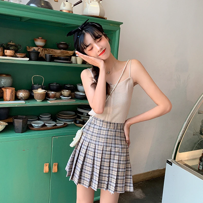 Женская клетчатая плиссированная юбка летняя трапециевидная выше колена с