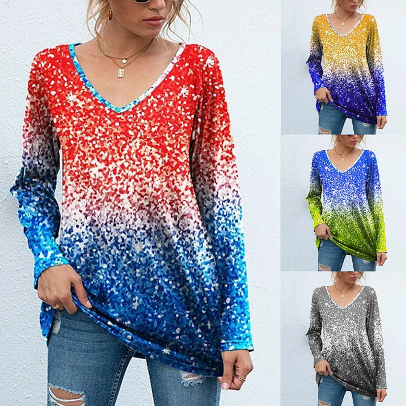 

Autumn Fashion Women's New T-Shirt Color Matching Printing Long-Sleeved V-Neck Casual Loose Top Streetwear