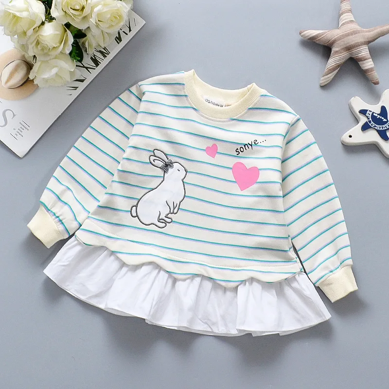 

Kids Clothes Girls Long Sleeves Autumn Tops Striped Rabbit Cartoon Printed Ruffle Splicing Lovely T-shirt Children Outfits 1-4Y