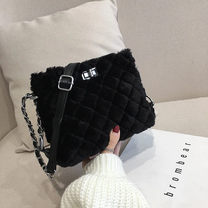 

Furry Small Bag Women's Bag 2021 Designer Handbags New Fashion Winter Plush Chain Messenger Bag Texture Plush Bucket Bag