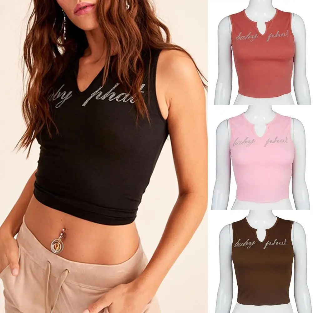 

Sexy Women Crop Top Letters Rhinestone Sexy Deep V Solid Color Blouse for Dating