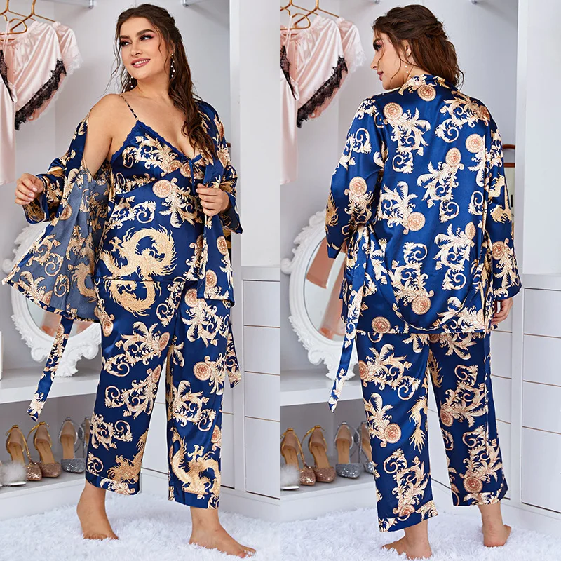 Plus Size 3pcs Women Stain Pajamas Set Elegant Silk Like Glossy bathrobe Camisole and Pants Sleepwear Ladies Homewear Loungewear