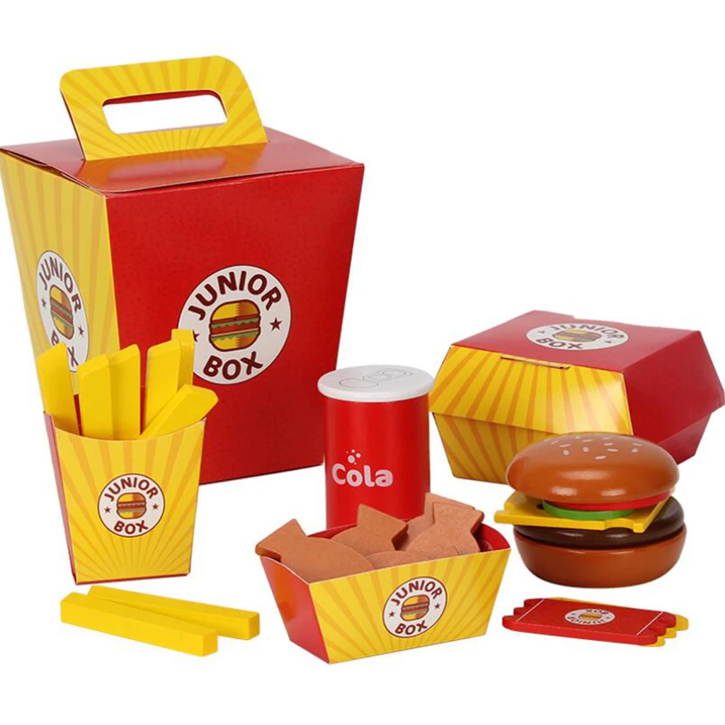 

Kids Pretend Play Wooden Fast Food Set - Burger, Fries, Cola & Fish Nuggets