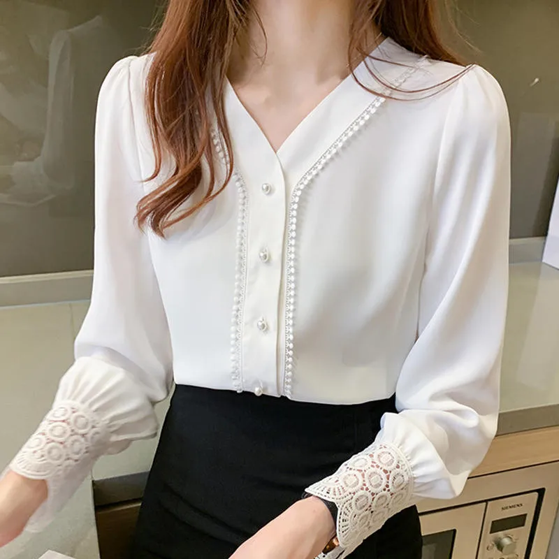 

Весенняя белая рубашка блузка для женщин элегантные однотонные с длинным рукавом блузки Повседневный свитер с треугольным вырезом женские...